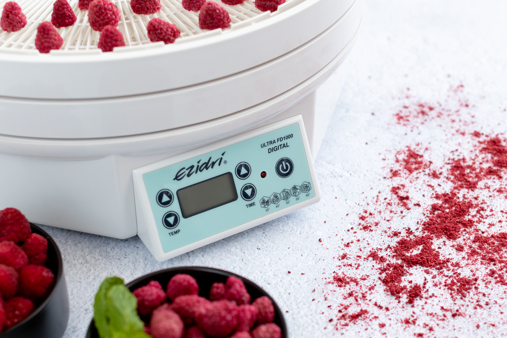 Dried raspberries on Ezidri digital food dehydrator